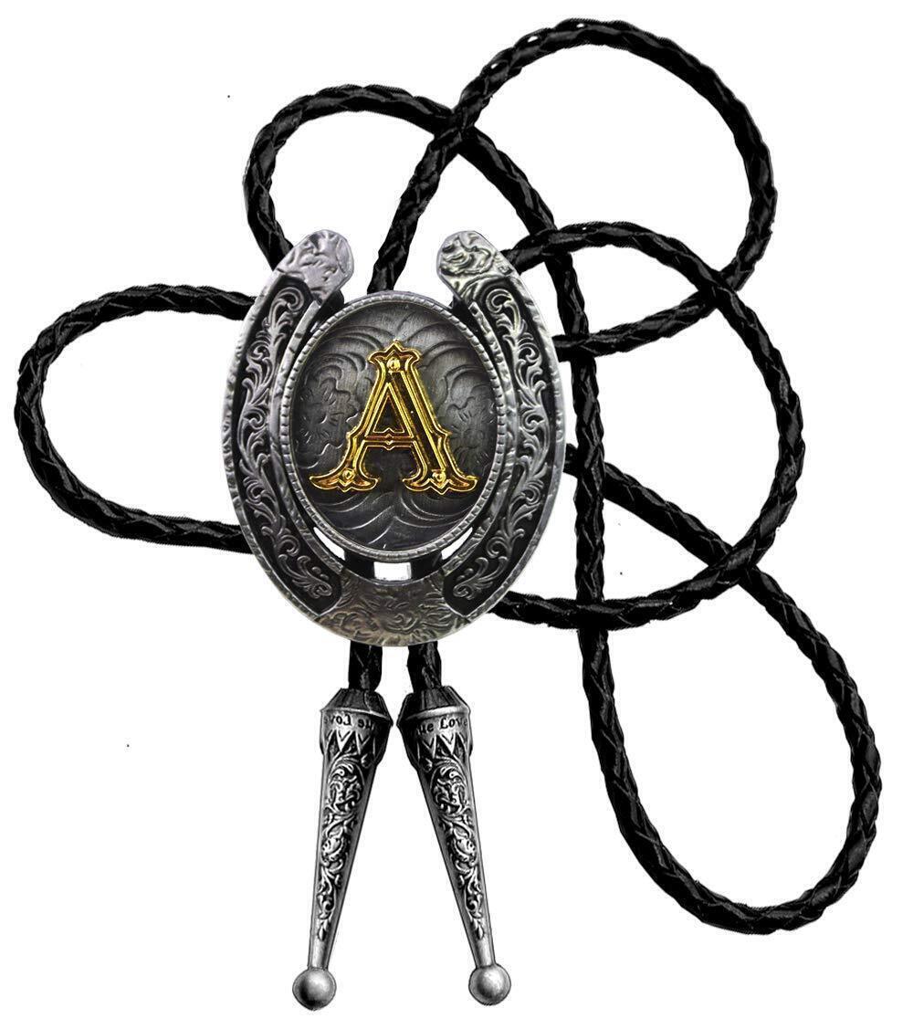 3116 Bolo Tie Golden Initial Letter A to Z In Western Cowboy Horseshoe